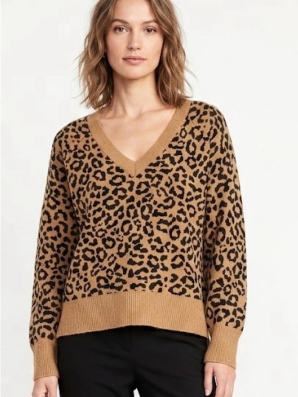 Old Navy Leopard Print V-Neck Sweater - Camel & Black A32